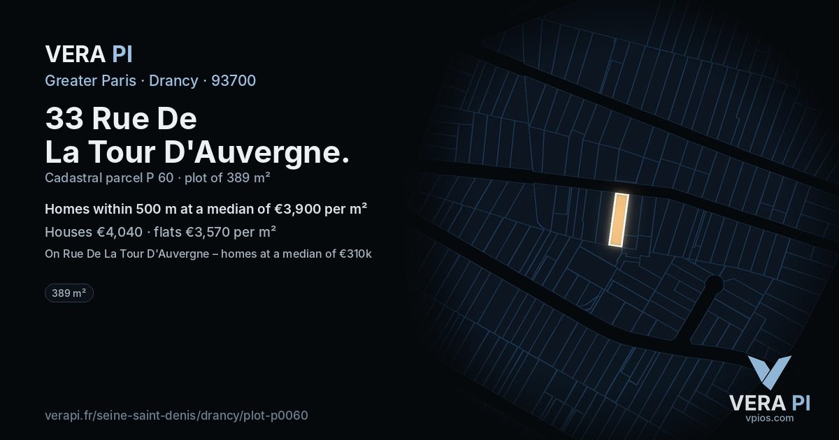 33 Rue De La Tour D'Auvergne, Drancy at night – the plot lit, the parcels around coloured by the prices near them