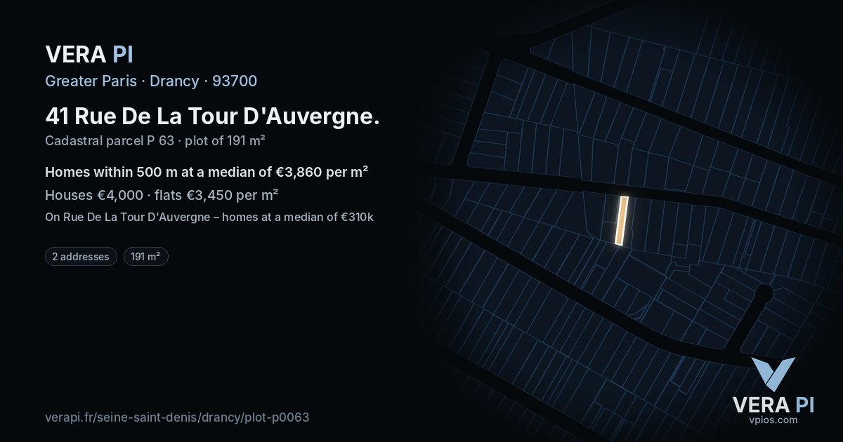 41 Rue De La Tour D'Auvergne, Drancy at night – the plot lit, the parcels around coloured by the prices near them