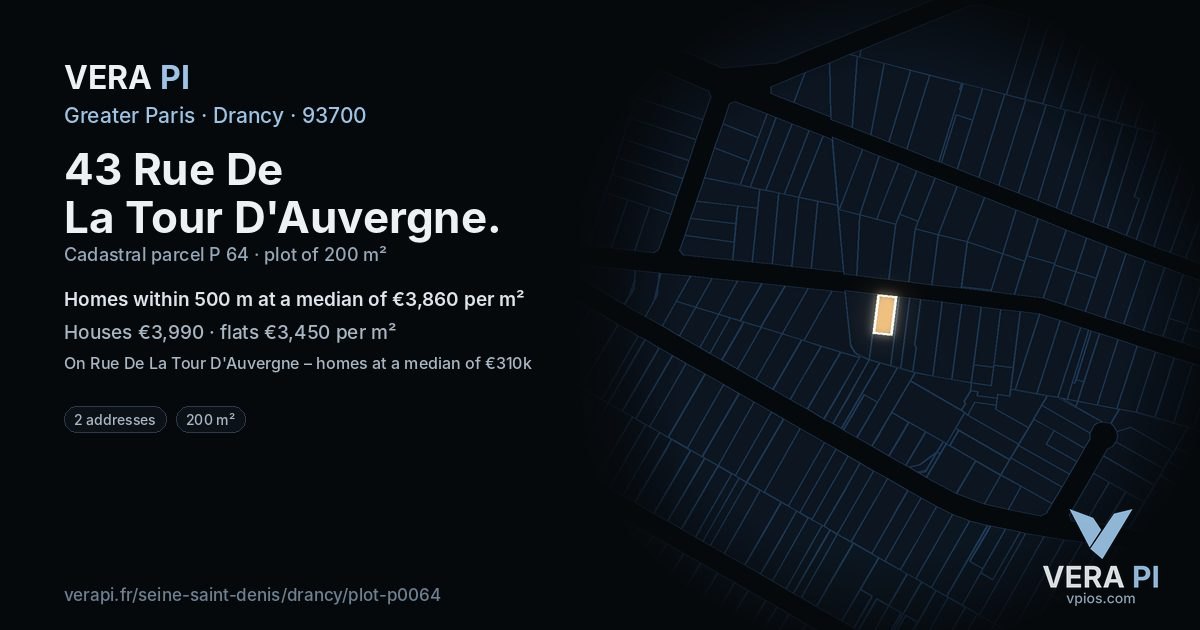 43 Rue De La Tour D'Auvergne, Drancy at night – the plot lit, the parcels around coloured by the prices near them