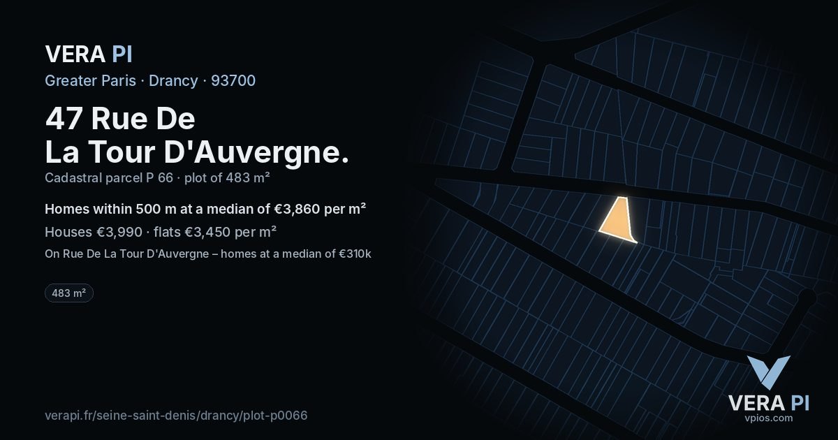 47 Rue De La Tour D'Auvergne, Drancy at night – the plot lit, the parcels around coloured by the prices near them