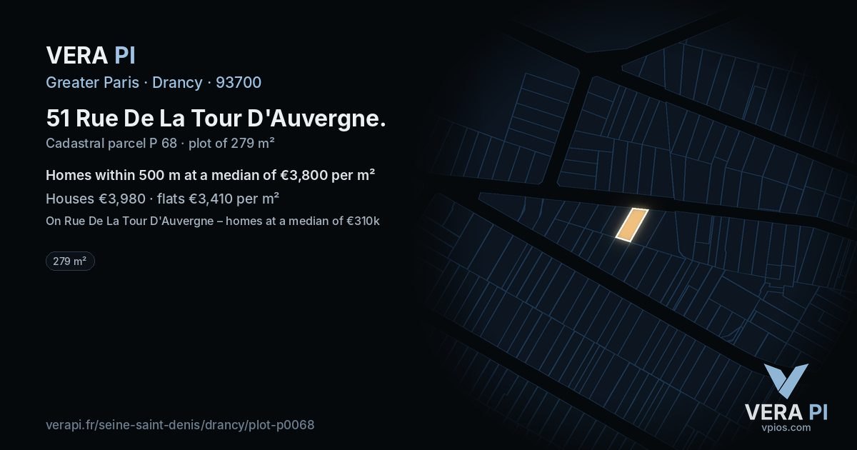 51 Rue De La Tour D'Auvergne, Drancy at night – the plot lit, the parcels around coloured by the prices near them