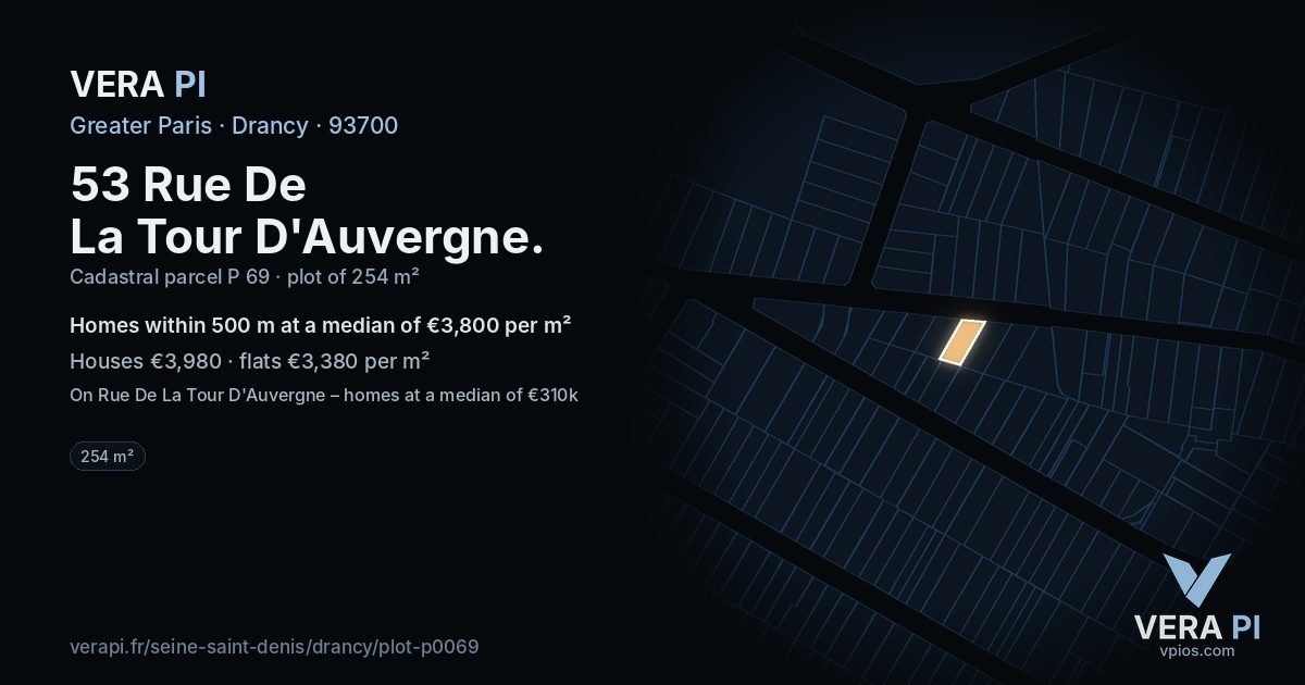 53 Rue De La Tour D'Auvergne, Drancy at night – the plot lit, the parcels around coloured by the prices near them