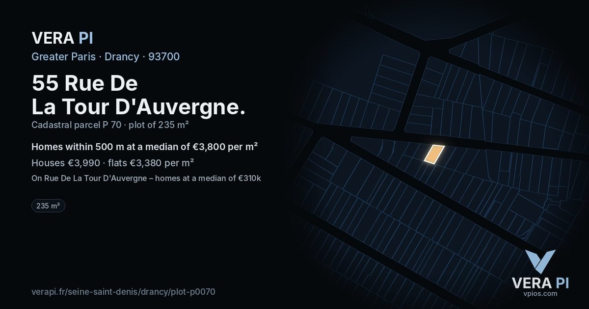 55 Rue De La Tour D'Auvergne, Drancy at night – the plot lit, the parcels around coloured by the prices near them