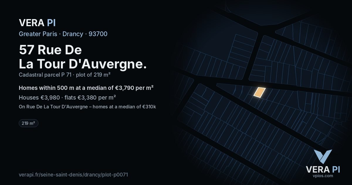 57 Rue De La Tour D'Auvergne, Drancy at night – the plot lit, the parcels around coloured by the prices near them