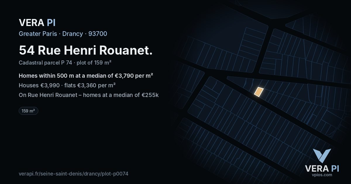 54 Rue Henri Rouanet, Drancy at night – the plot lit, the parcels around coloured by the prices near them