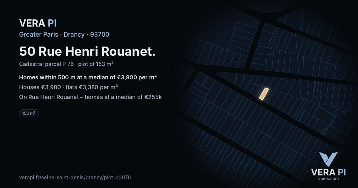 50 Rue Henri Rouanet, Drancy at night – the plot lit, the parcels around coloured by the prices near them