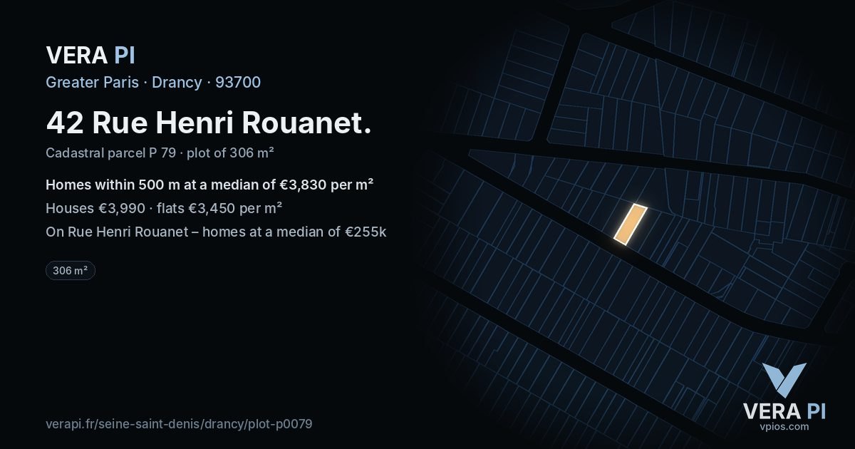 42 Rue Henri Rouanet, Drancy at night – the plot lit, the parcels around coloured by the prices near them