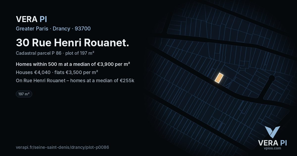 30 Rue Henri Rouanet, Drancy at night – the plot lit, the parcels around coloured by the prices near them