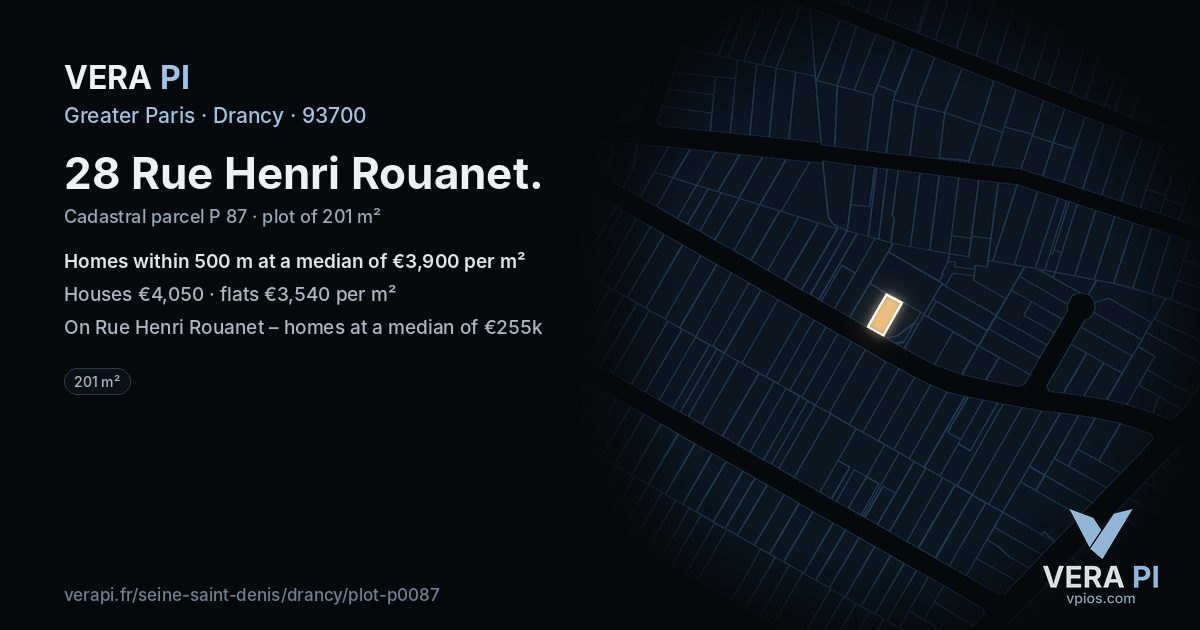 28 Rue Henri Rouanet, Drancy at night – the plot lit, the parcels around coloured by the prices near them