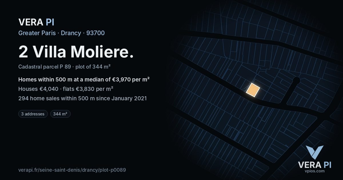 2 Villa Moliere, Drancy at night – the plot lit, the parcels around coloured by the prices near them