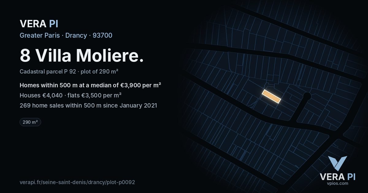 8 Villa Moliere, Drancy at night – the plot lit, the parcels around coloured by the prices near them