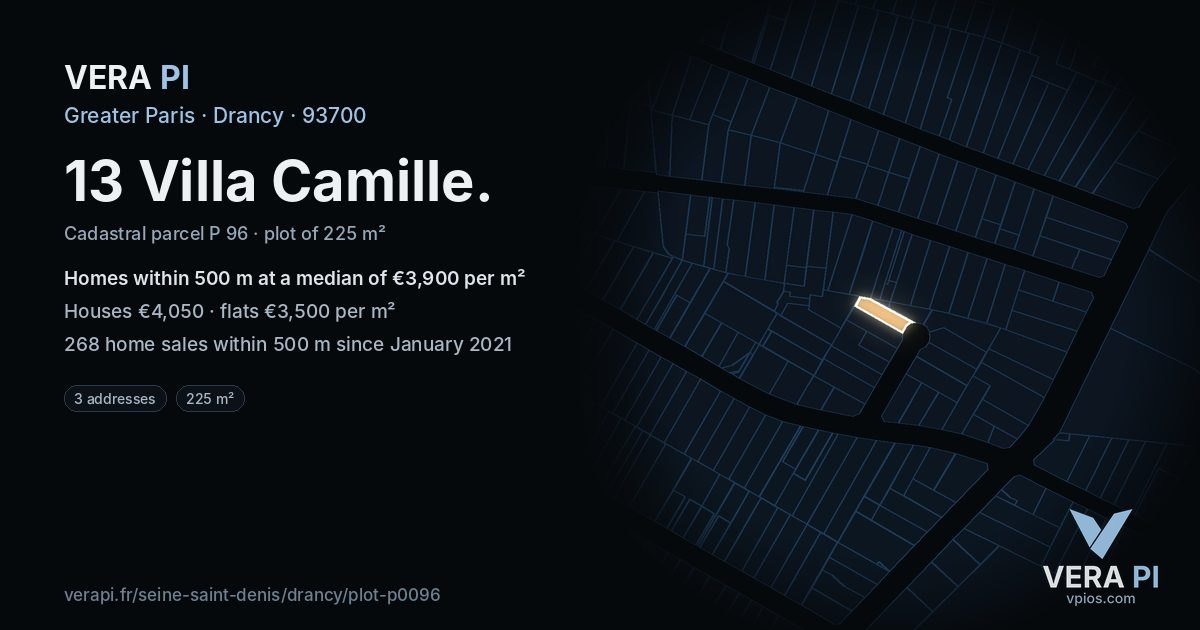 13 Villa Camille, Drancy at night – the plot lit, the parcels around coloured by the prices near them
