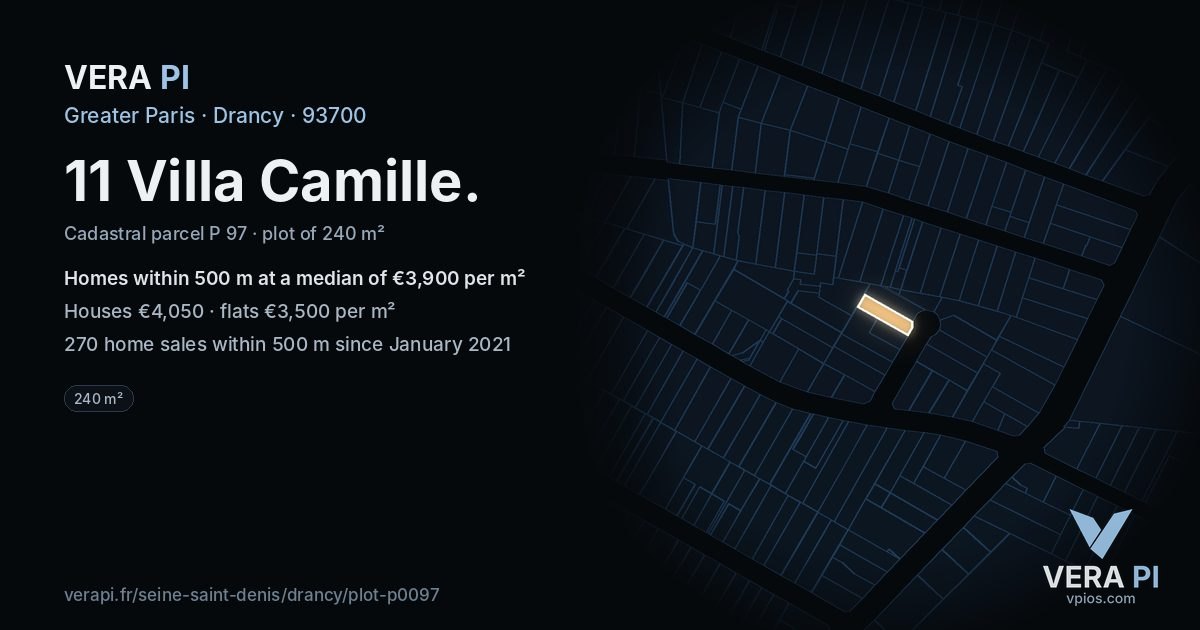 11 Villa Camille, Drancy at night – the plot lit, the parcels around coloured by the prices near them
