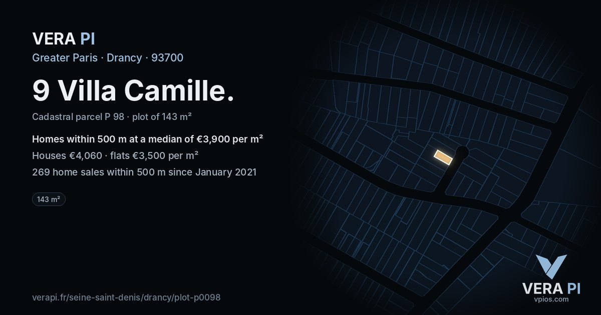 9 Villa Camille, Drancy at night – the plot lit, the parcels around coloured by the prices near them