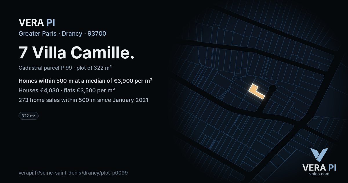 7 Villa Camille, Drancy at night – the plot lit, the parcels around coloured by the prices near them