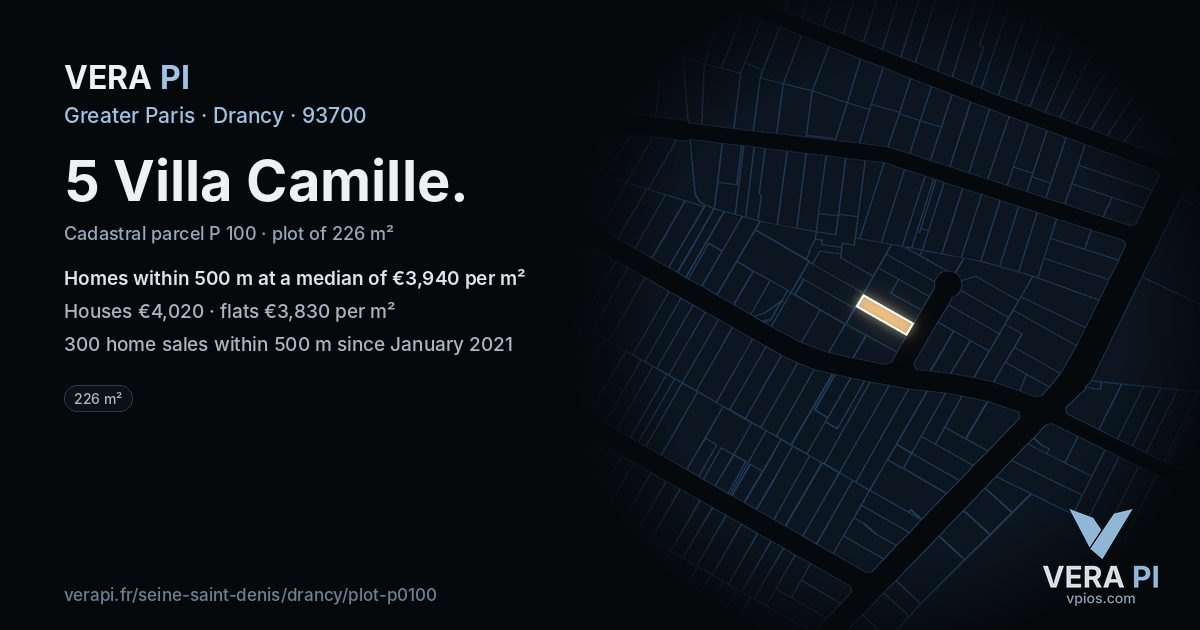 5 Villa Camille, Drancy at night – the plot lit, the parcels around coloured by the prices near them
