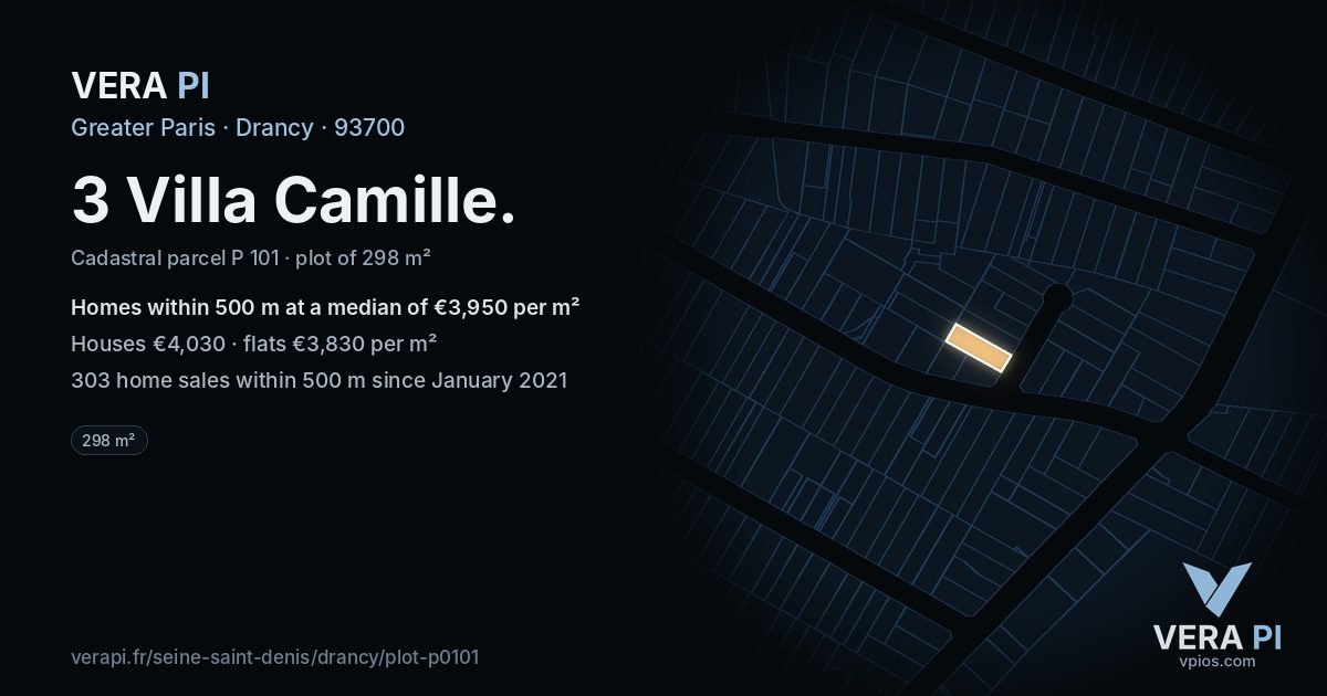 3 Villa Camille, Drancy at night – the plot lit, the parcels around coloured by the prices near them