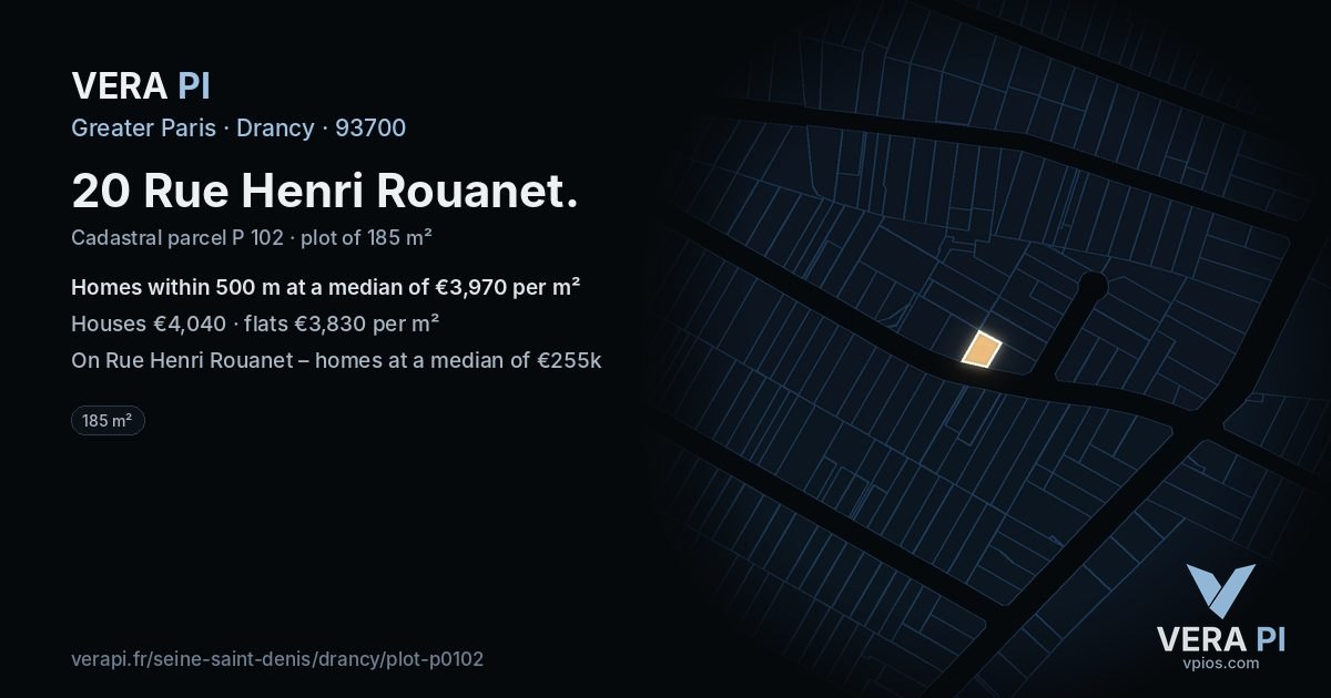 20 Rue Henri Rouanet, Drancy at night – the plot lit, the parcels around coloured by the prices near them
