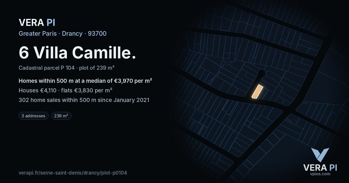 6 Villa Camille, Drancy at night – the plot lit, the parcels around coloured by the prices near them