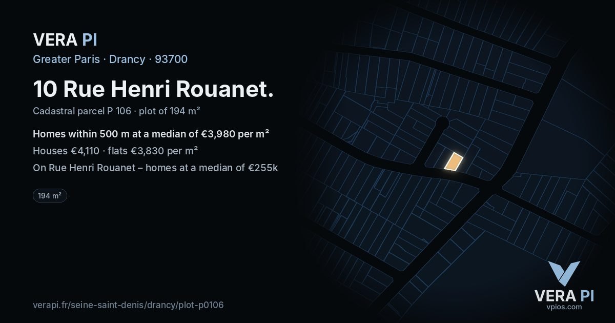 10 Rue Henri Rouanet, Drancy at night – the plot lit, the parcels around coloured by the prices near them