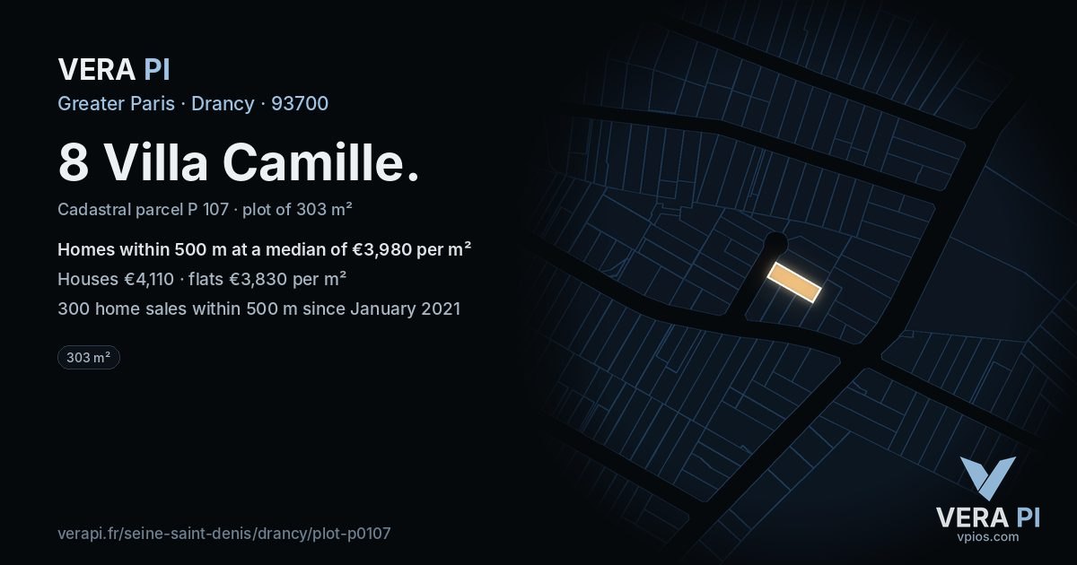 8 Villa Camille, Drancy at night – the plot lit, the parcels around coloured by the prices near them
