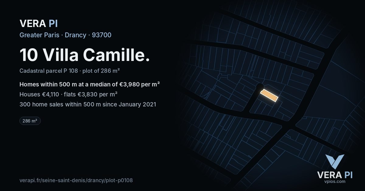 10 Villa Camille, Drancy at night – the plot lit, the parcels around coloured by the prices near them
