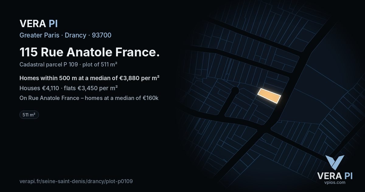 115 Rue Anatole France, Drancy at night – the plot lit, the parcels around coloured by the prices near them