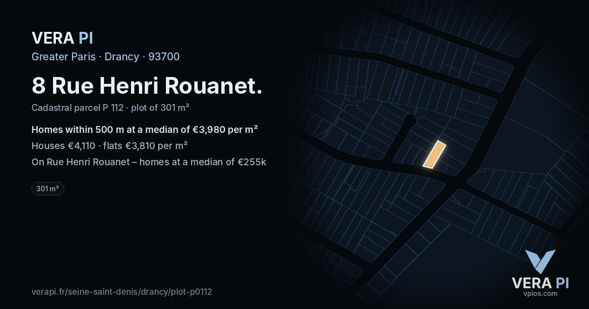 8 Rue Henri Rouanet, Drancy at night – the plot lit, the parcels around coloured by the prices near them