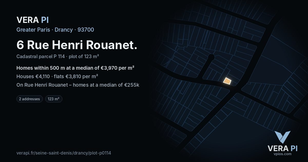 6 Rue Henri Rouanet, Drancy at night – the plot lit, the parcels around coloured by the prices near them