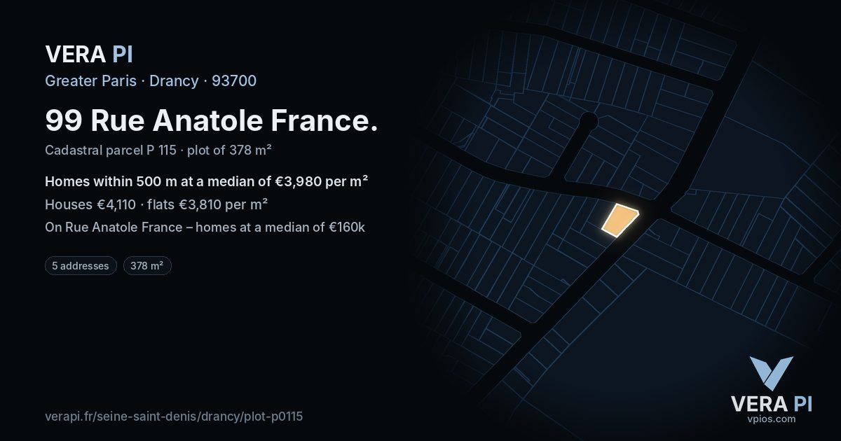 99 Rue Anatole France, Drancy at night – the plot lit, the parcels around coloured by the prices near them