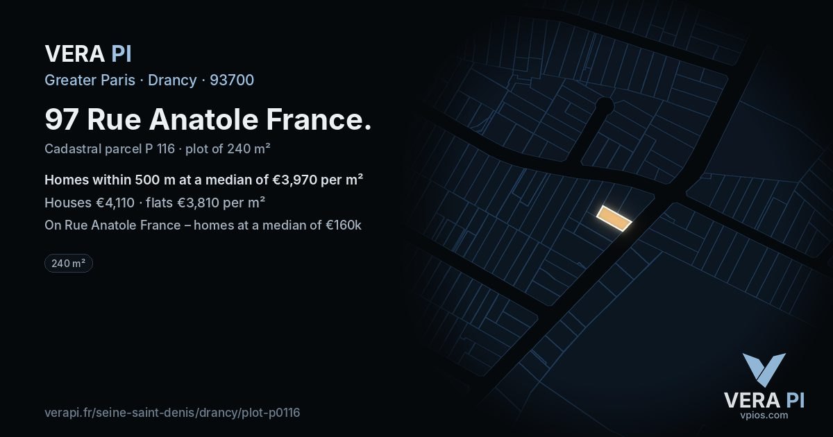 97 Rue Anatole France, Drancy at night – the plot lit, the parcels around coloured by the prices near them