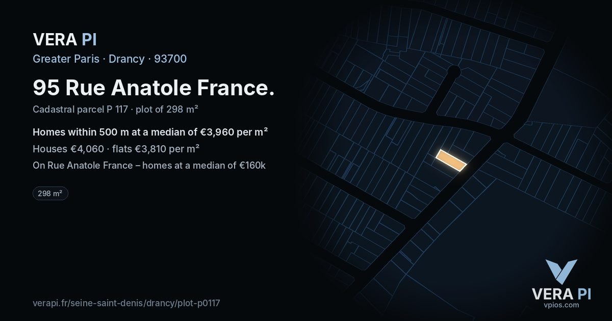 95 Rue Anatole France, Drancy at night – the plot lit, the parcels around coloured by the prices near them
