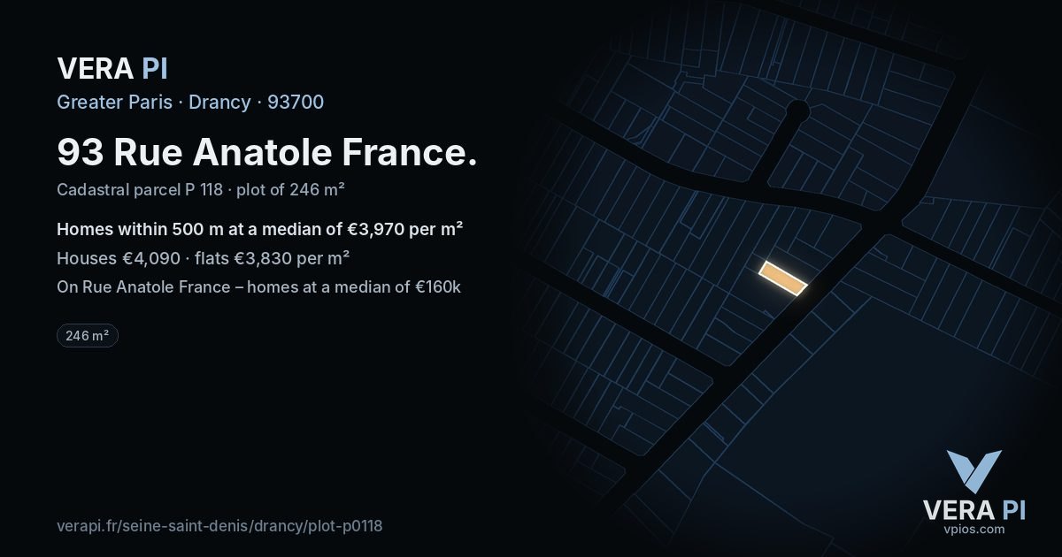93 Rue Anatole France, Drancy at night – the plot lit, the parcels around coloured by the prices near them