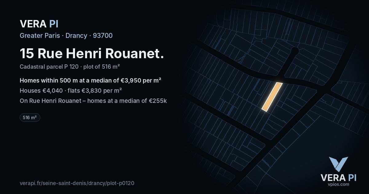 15 Rue Henri Rouanet, Drancy at night – the plot lit, the parcels around coloured by the prices near them
