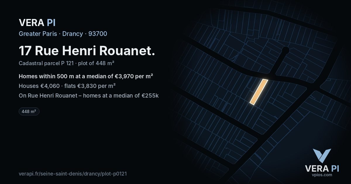 17 Rue Henri Rouanet, Drancy at night – the plot lit, the parcels around coloured by the prices near them