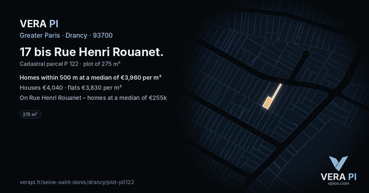 17 bis Rue Henri Rouanet, Drancy at night – the plot lit, the parcels around coloured by the prices near them