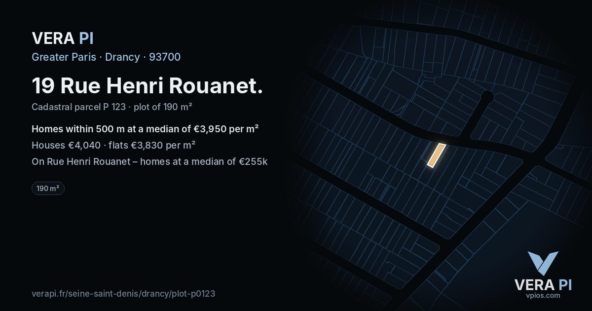 19 Rue Henri Rouanet, Drancy at night – the plot lit, the parcels around coloured by the prices near them