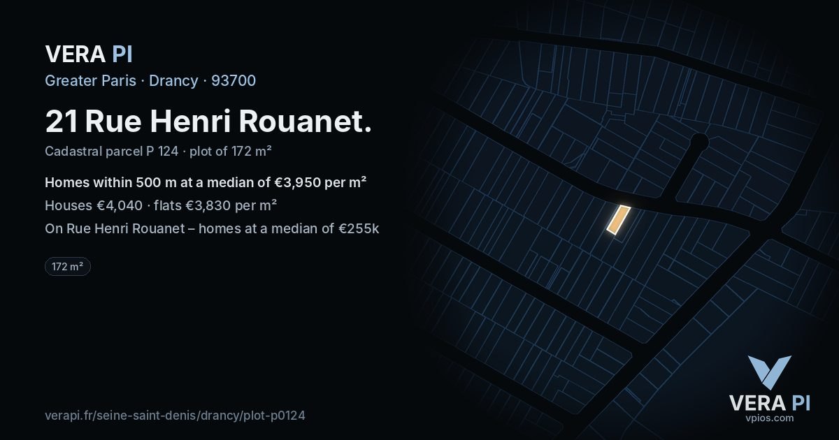 21 Rue Henri Rouanet, Drancy at night – the plot lit, the parcels around coloured by the prices near them
