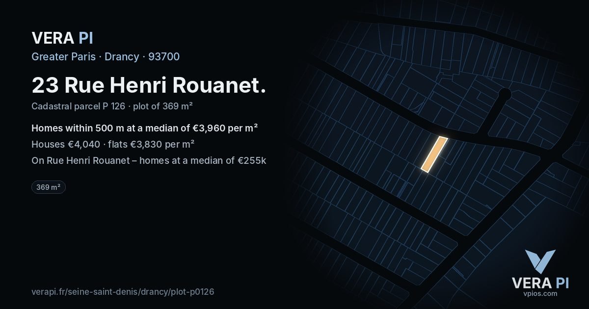 23 Rue Henri Rouanet, Drancy at night – the plot lit, the parcels around coloured by the prices near them