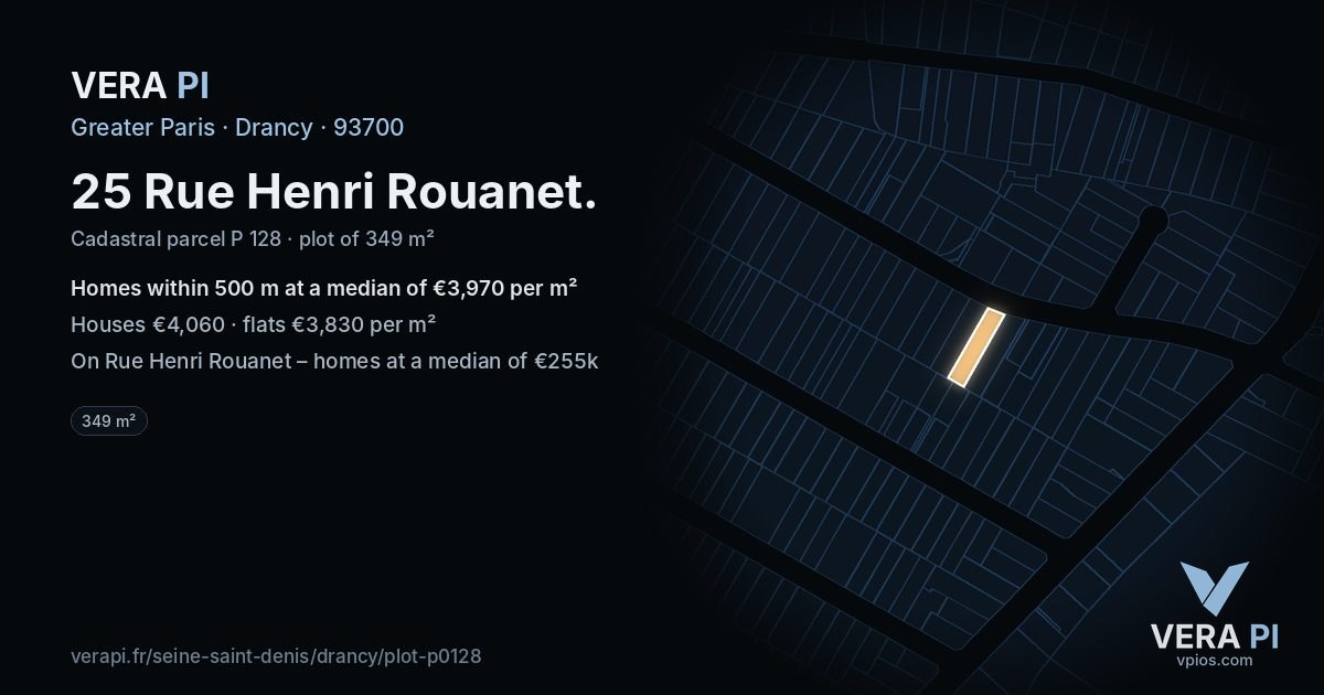 25 Rue Henri Rouanet, Drancy at night – the plot lit, the parcels around coloured by the prices near them