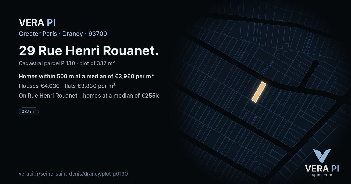 29 Rue Henri Rouanet, Drancy at night – the plot lit, the parcels around coloured by the prices near them