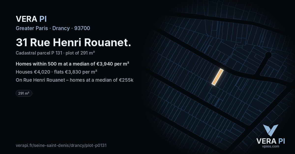 31 Rue Henri Rouanet, Drancy at night – the plot lit, the parcels around coloured by the prices near them