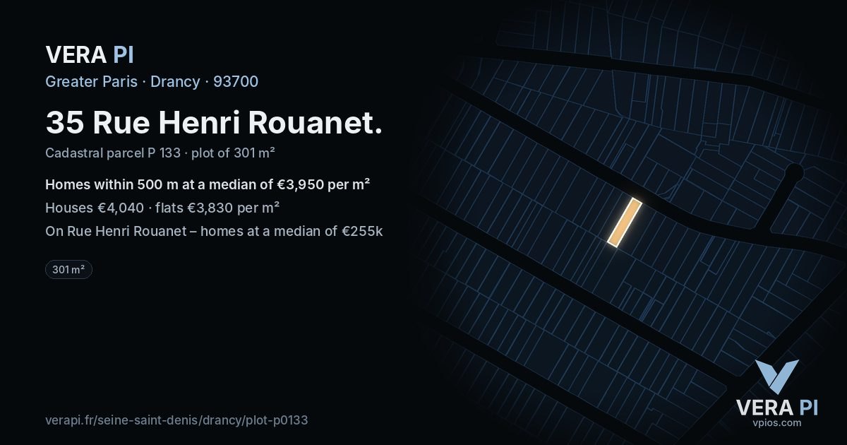 35 Rue Henri Rouanet, Drancy at night – the plot lit, the parcels around coloured by the prices near them