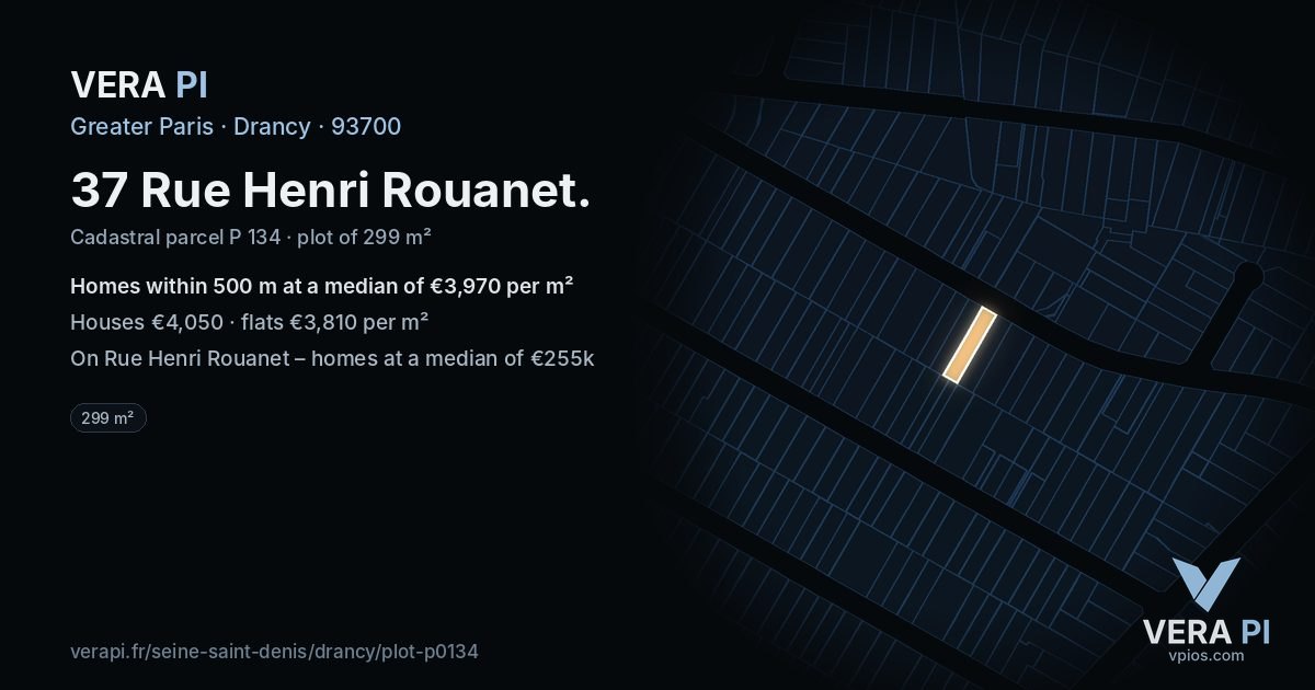 37 Rue Henri Rouanet, Drancy at night – the plot lit, the parcels around coloured by the prices near them