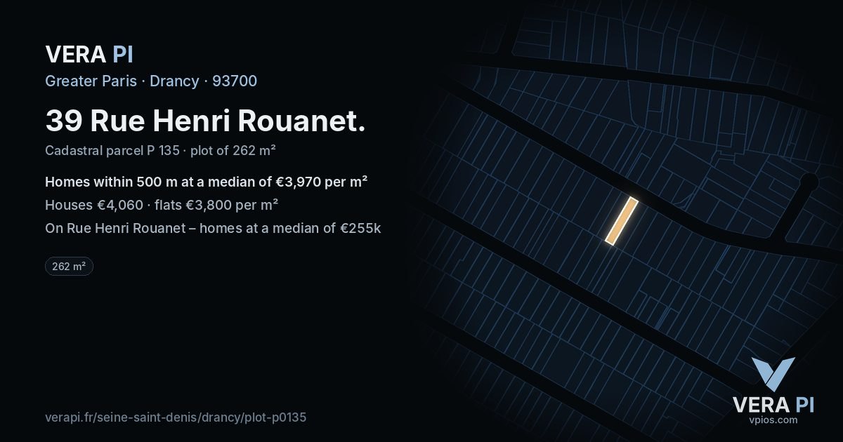 39 Rue Henri Rouanet, Drancy at night – the plot lit, the parcels around coloured by the prices near them