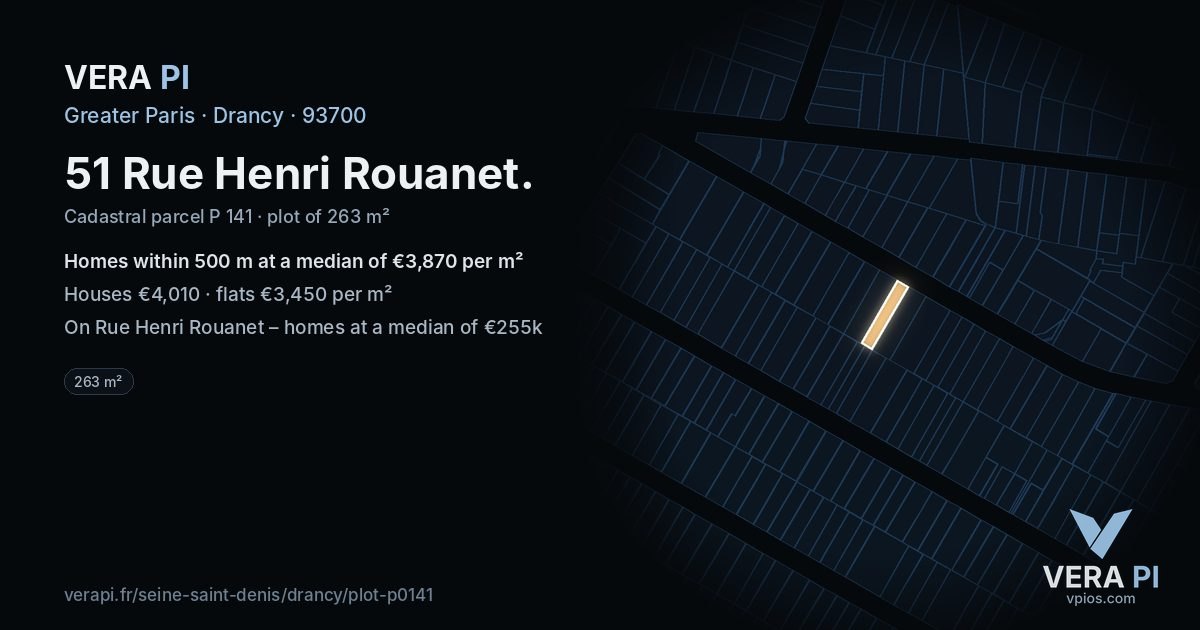 51 Rue Henri Rouanet, Drancy at night – the plot lit, the parcels around coloured by the prices near them