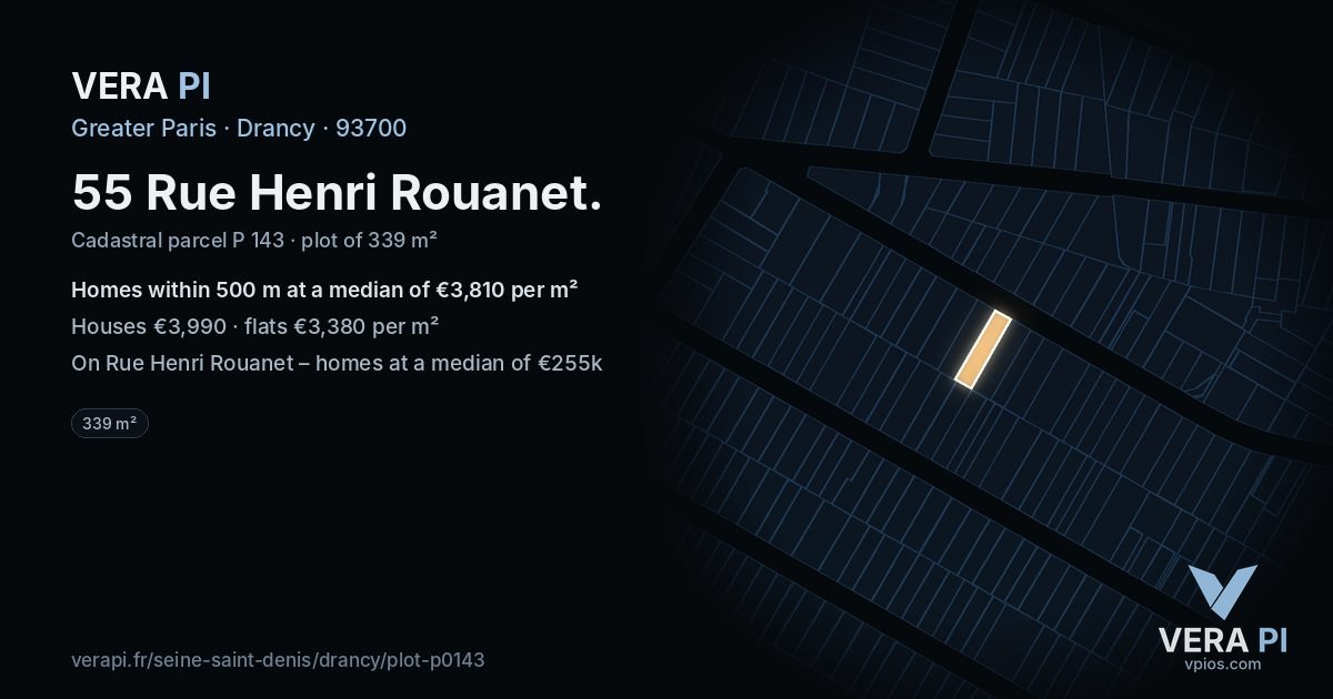 55 Rue Henri Rouanet, Drancy at night – the plot lit, the parcels around coloured by the prices near them