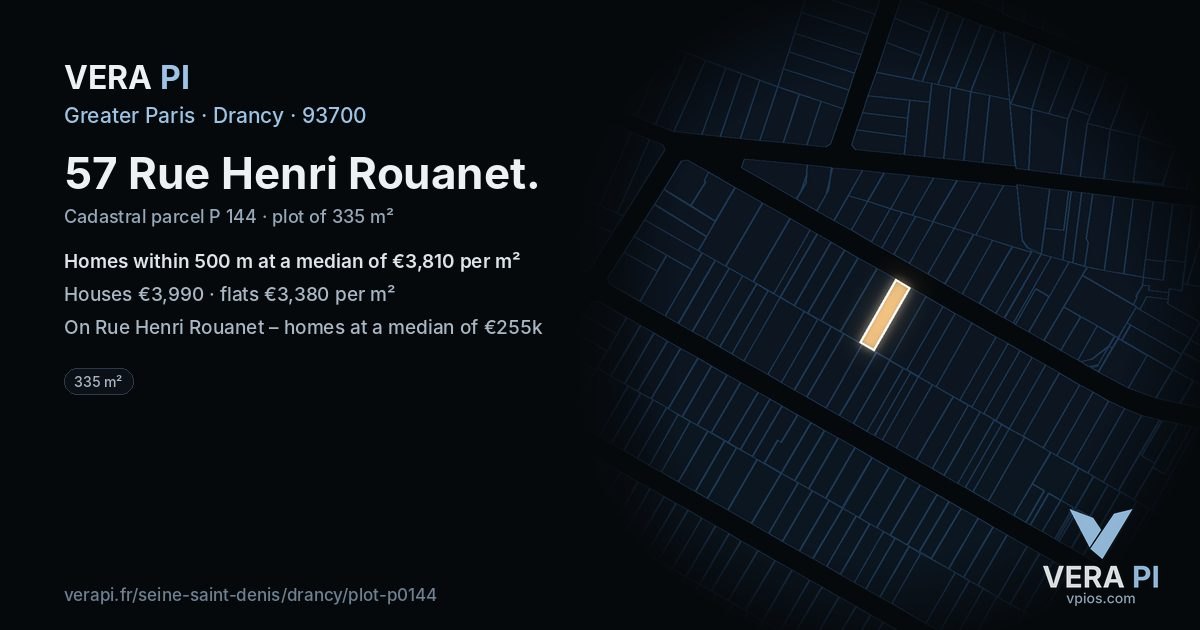 57 Rue Henri Rouanet, Drancy at night – the plot lit, the parcels around coloured by the prices near them