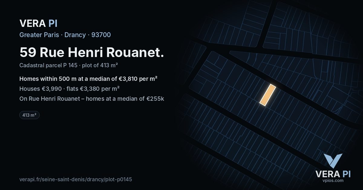 59 Rue Henri Rouanet, Drancy at night – the plot lit, the parcels around coloured by the prices near them