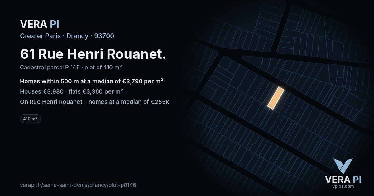 61 Rue Henri Rouanet, Drancy at night – the plot lit, the parcels around coloured by the prices near them